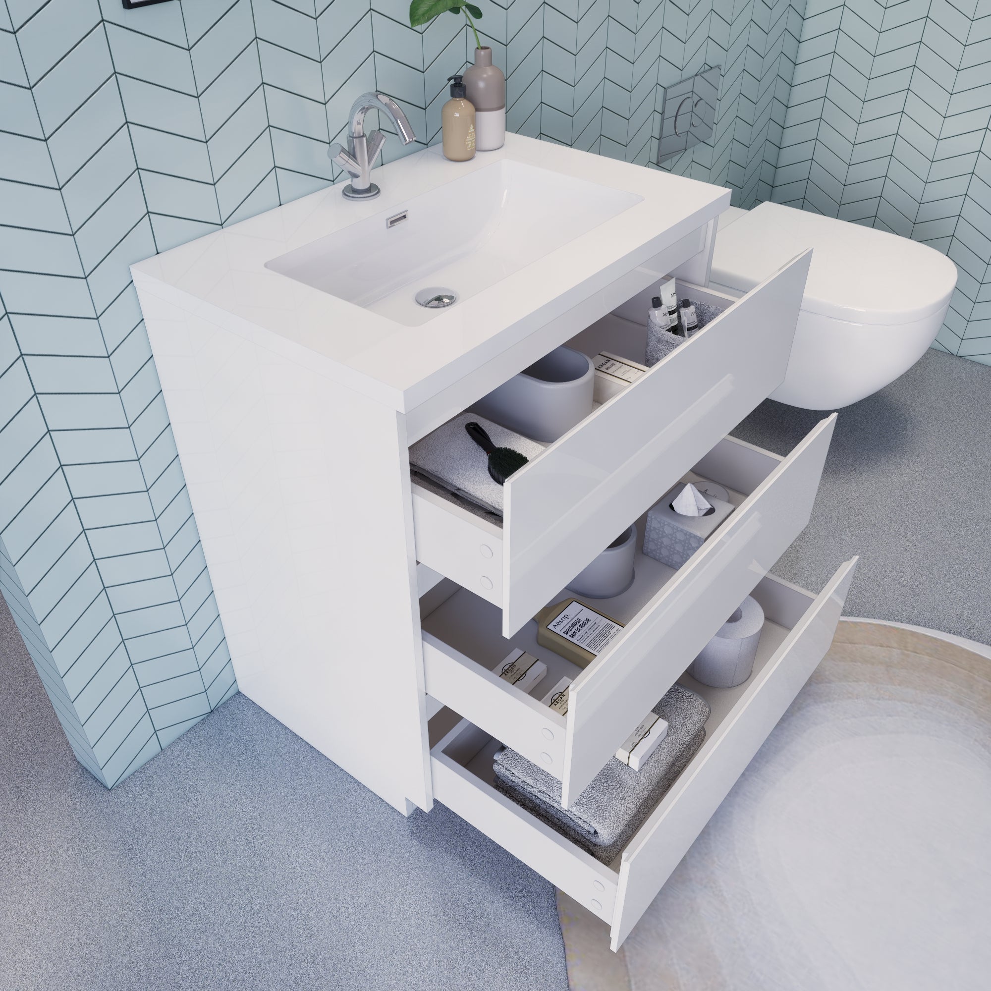 EA2- 30'' Concrete Grey Modern Bathroom Vanity W/3 Drawers and Acrylic –  Elsa Bath Inc