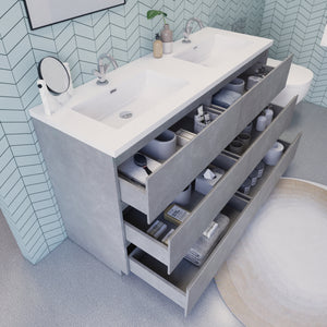 EA 60'' Double Sink Ash Grey Modern Bathroom Vanity W/6 Drawers and Acrylic Sink