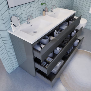 EA 60'' Double Sink Ash Grey Modern Bathroom Vanity W/6 Drawers and Acrylic Sink