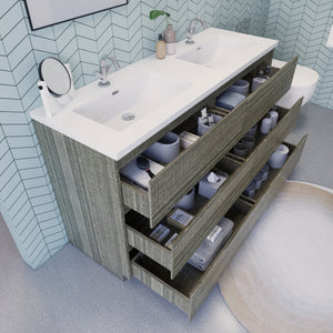 EA 60'' Double Sink Ash Grey Modern Bathroom Vanity W/6 Drawers and Acrylic Sink