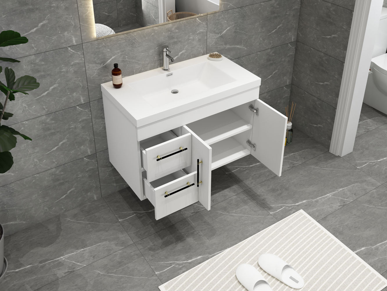 Elsa 36 inch Wall Mounted Modern Bathroom Vanity with Left Side Drawers