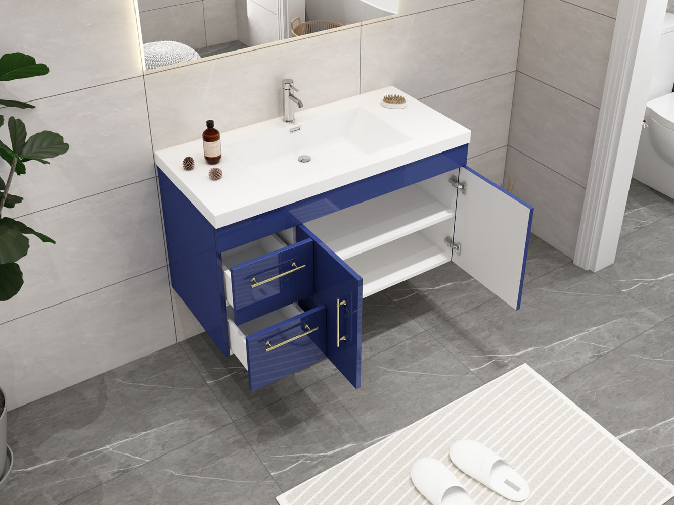 Elsa 42 inch Wall Mounted Modern Bathroom Vanity with Left Side Drawers