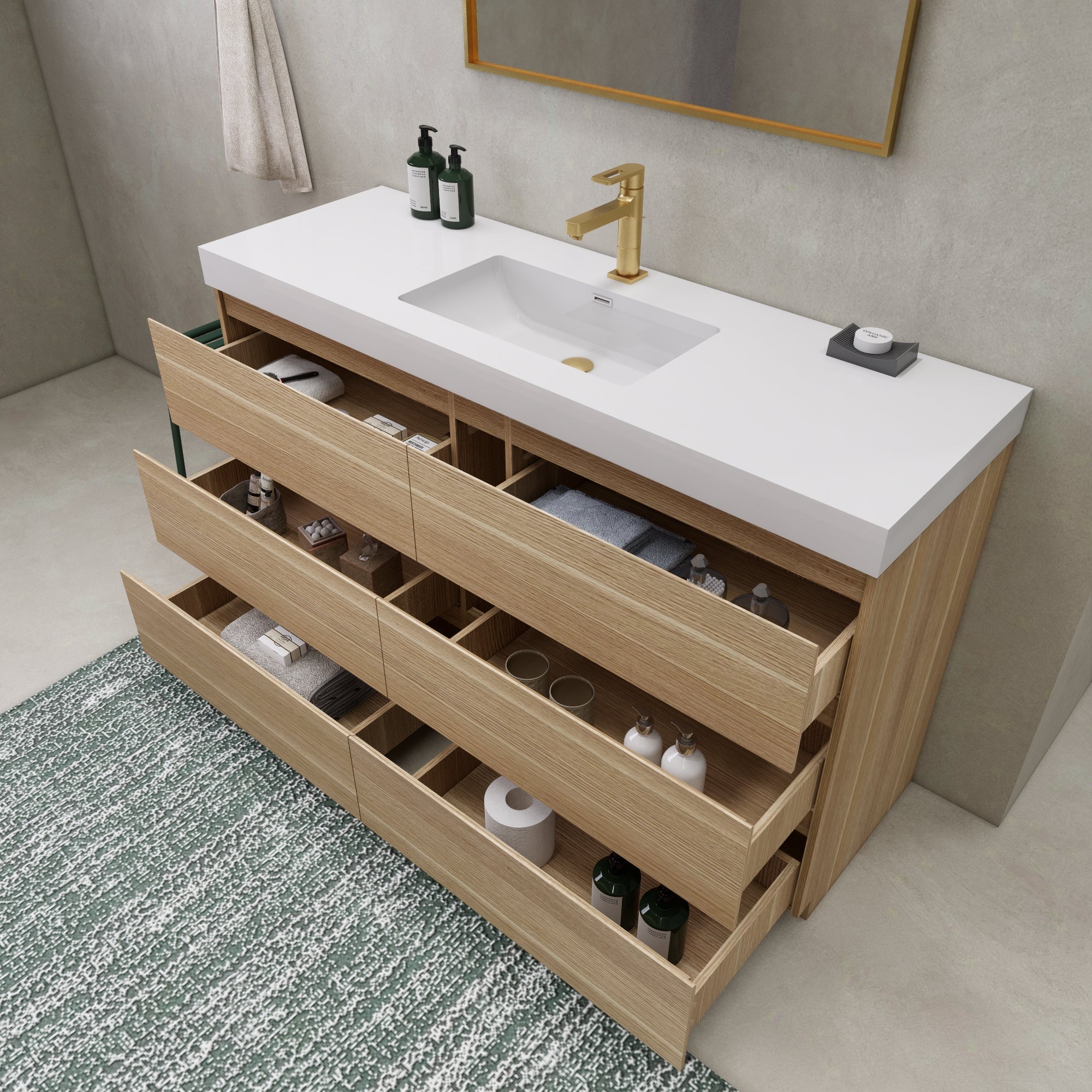 EA2- 60'' SINGLE Sink England Oak Modern Bathroom Vanity W/6 Drawers and Acrylic Sink