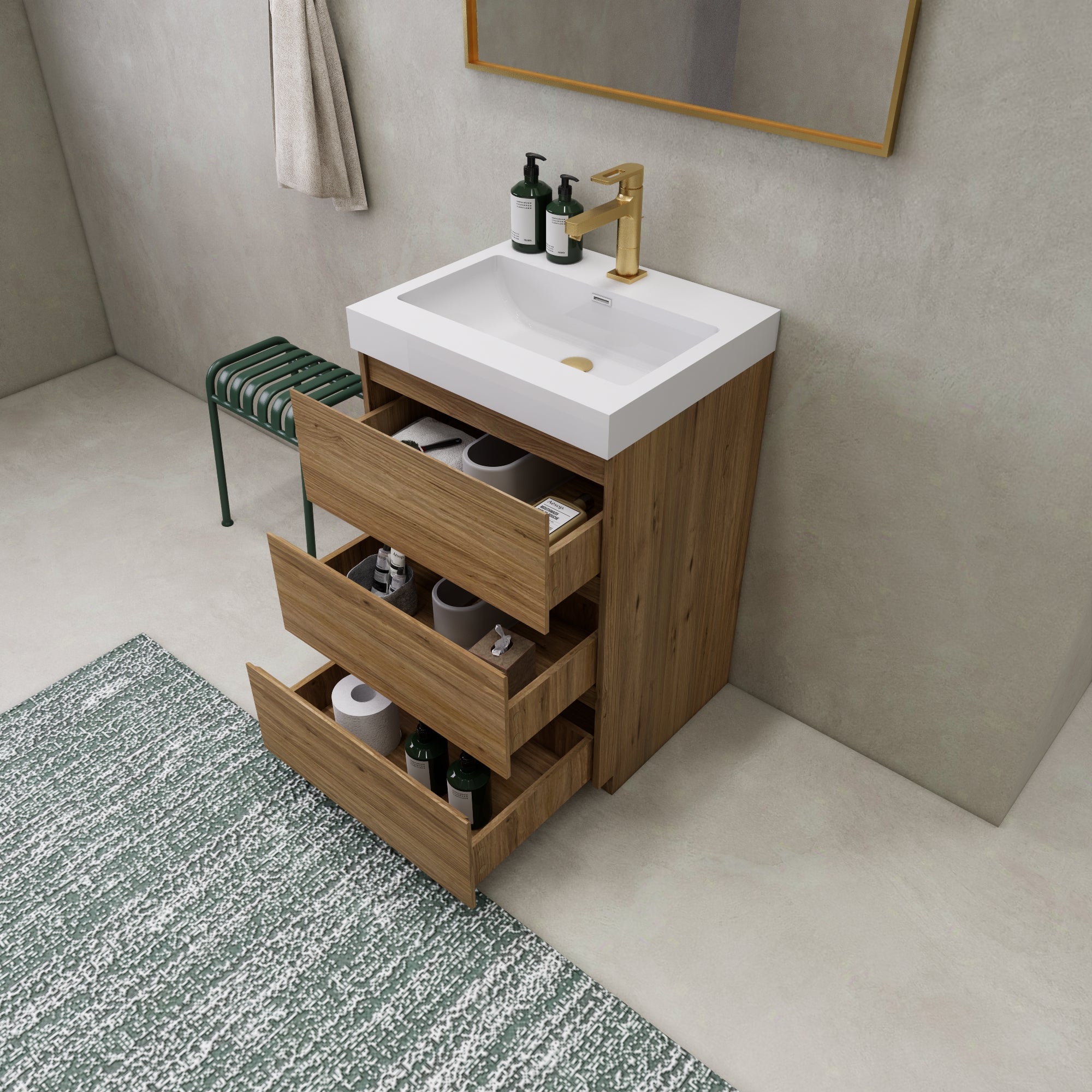 EA2- 24'' England Oak Modern Bathroom Vanity W/3 Drawers and Acrylic Sink