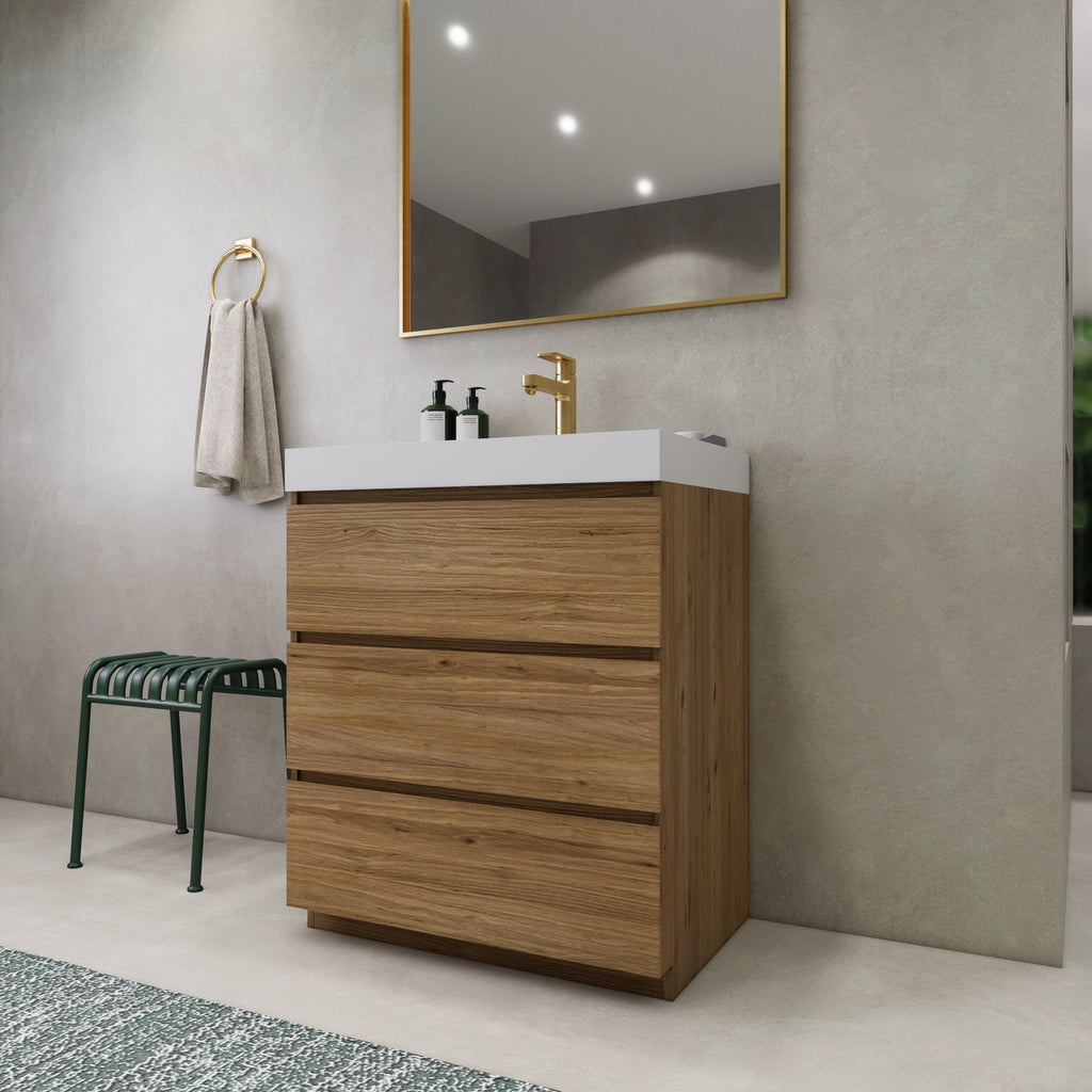 EA2- 30'' Concrete Grey Modern Bathroom Vanity W/3 Drawers and Acrylic Sink