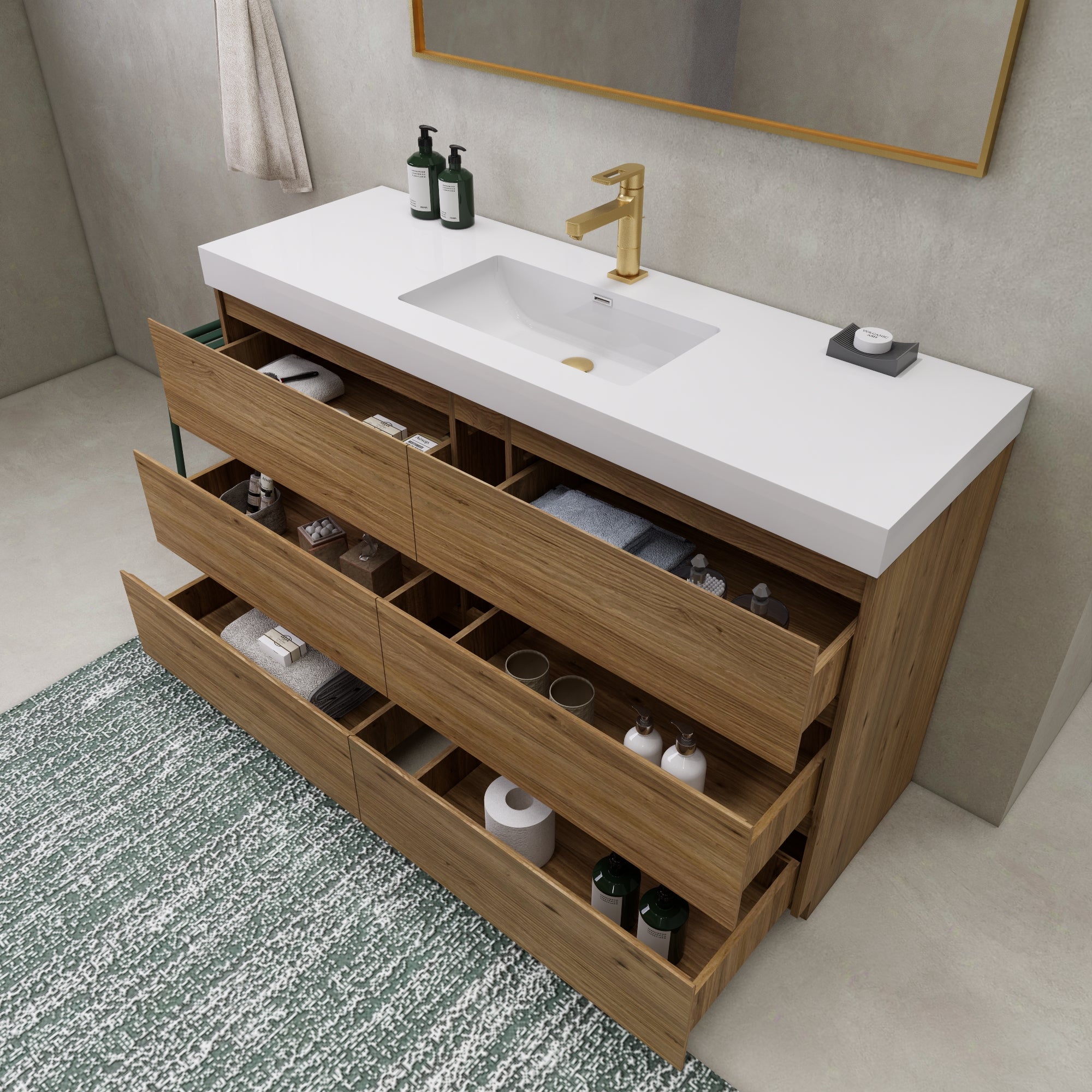 EA2- 60'' SINGLE Sink England Oak Modern Bathroom Vanity W/6 Drawers and Acrylic Sink