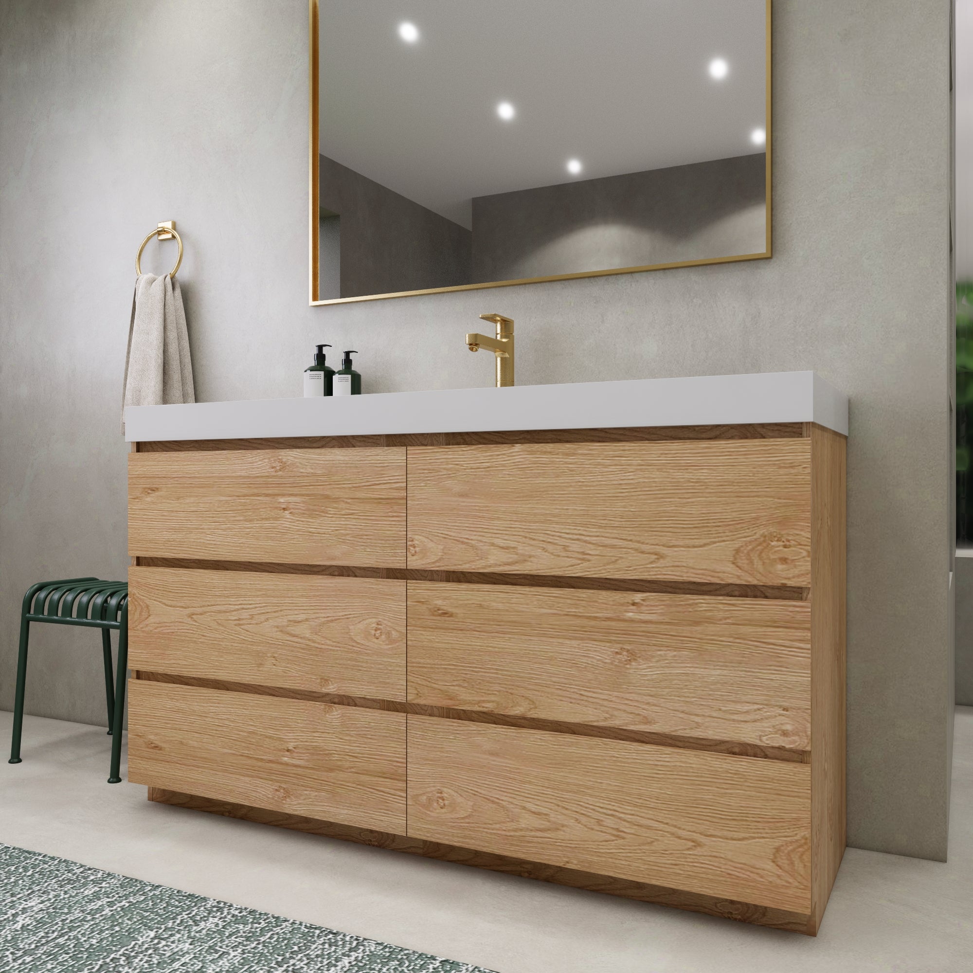 EA2- 60'' SINGLE Sink England Oak Modern Bathroom Vanity W/6 Drawers and Acrylic Sink