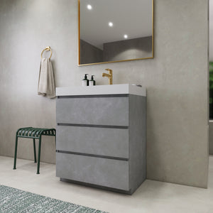 EA2- 30'' Concrete Grey Modern Bathroom Vanity W/3 Drawers and Acrylic Sink