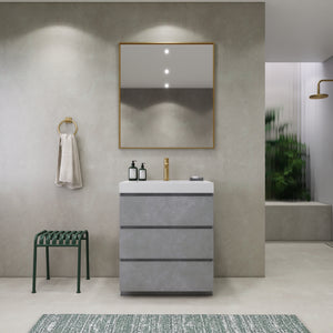 EA2- 30'' Concrete Grey Modern Bathroom Vanity W/3 Drawers and Acrylic Sink