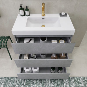 EA2- 36'' Ash Grey Modern Bathroom Vanity W/3 Drawers and Acrylic Sink