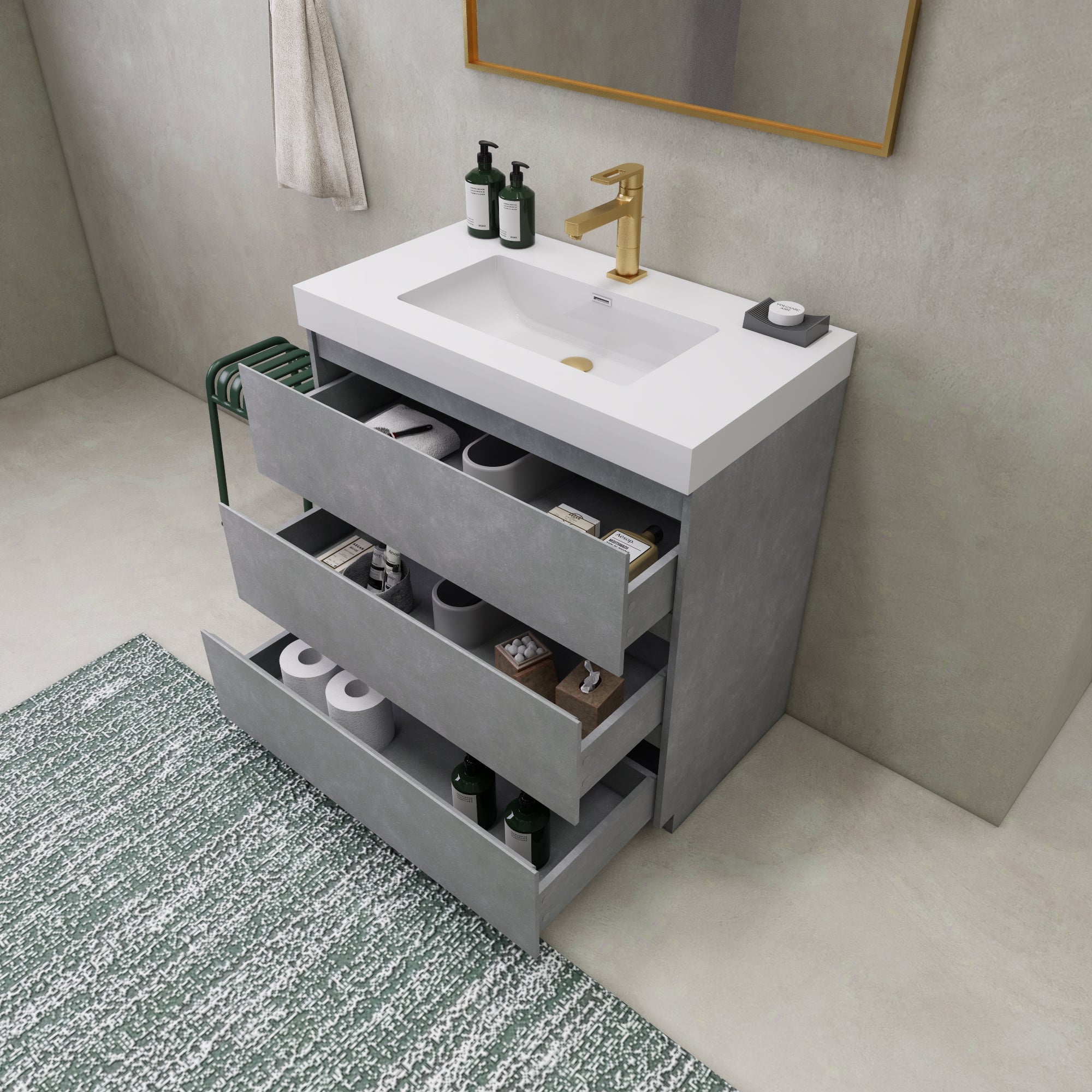 EA2- 36'' Ash Grey Modern Bathroom Vanity W/3 Drawers and Acrylic Sink