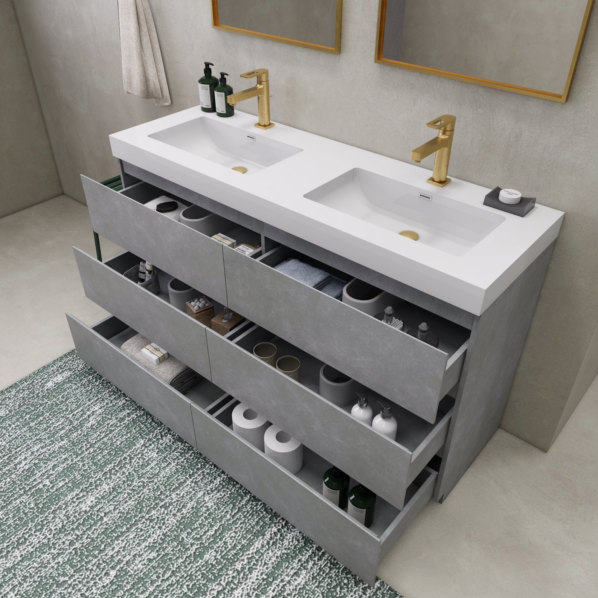 EA2- 60'' Double Sink Ash Grey Modern Bathroom Vanity W/6 Drawers and Acrylic Sink