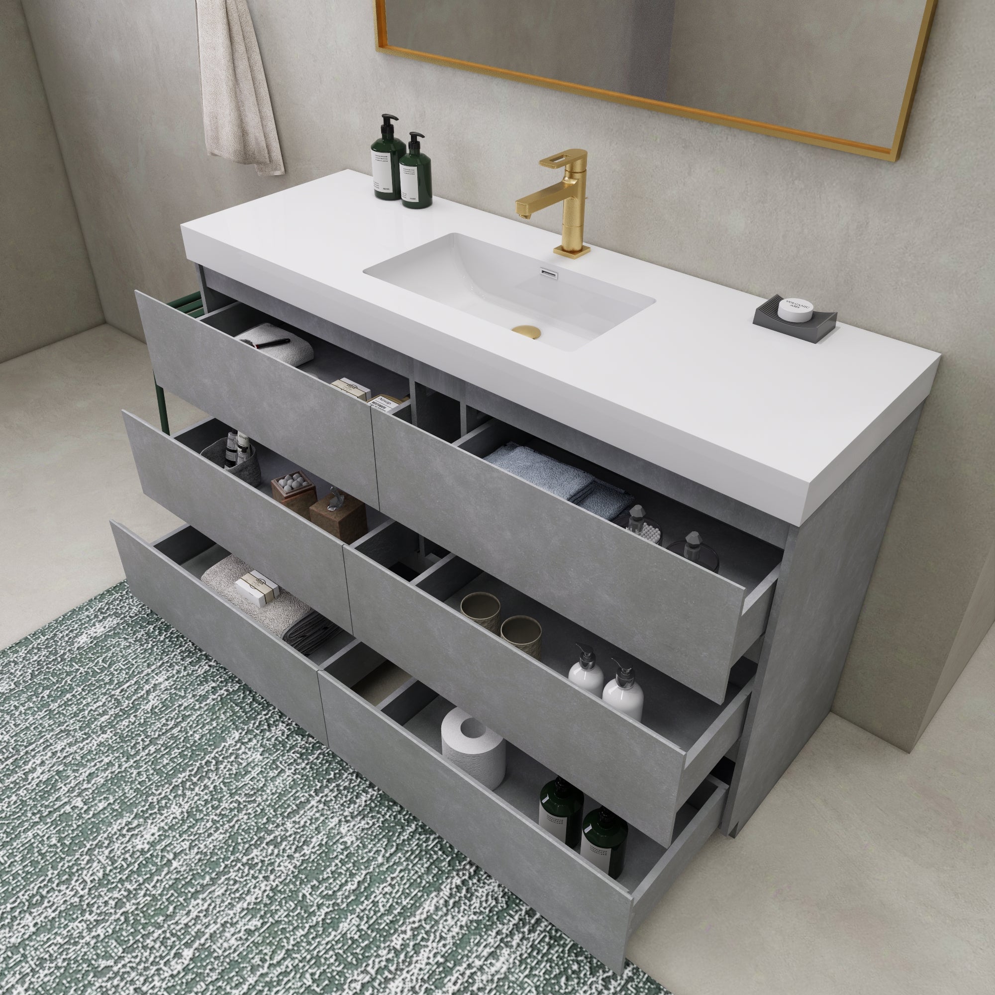 EA2- 60'' SINGLE Sink England Oak Modern Bathroom Vanity W/6 Drawers and Acrylic Sink