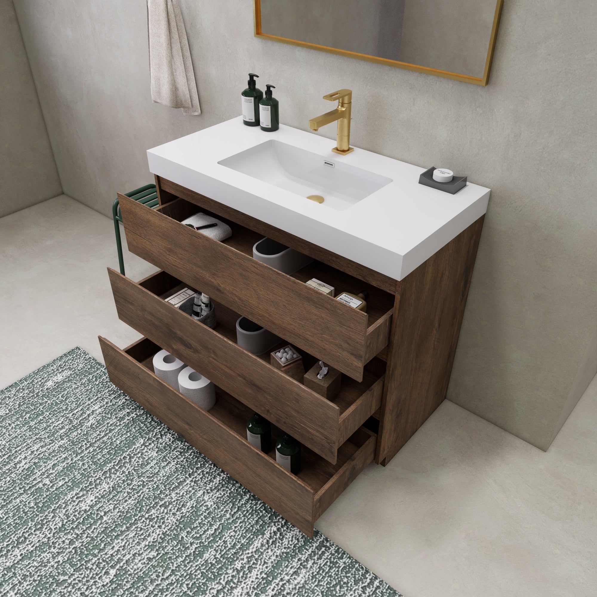 EA2- 42'' Dark Grey Oak Modern Bathroom Vanity W/3 Drawers and Acrylic Sink