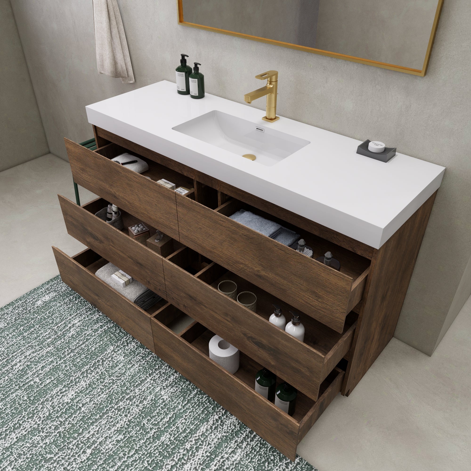 EA2- 60'' SINGLE Sink England Oak Modern Bathroom Vanity W/6 Drawers and Acrylic Sink