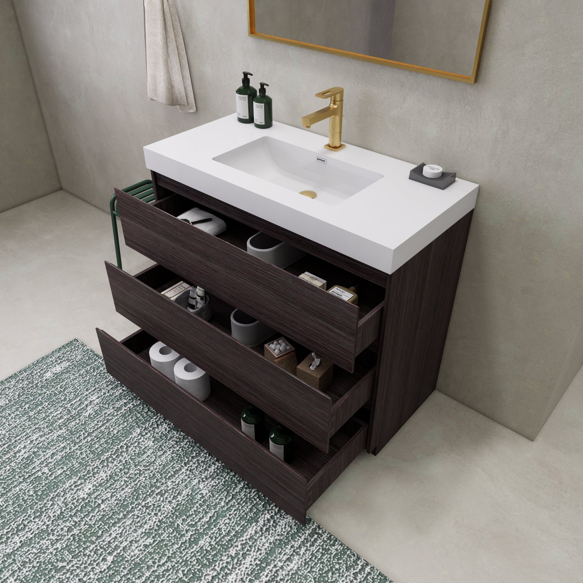 EA2- 42'' Dark Grey Oak Modern Bathroom Vanity W/3 Drawers and Acrylic Sink