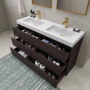 EA2- 60'' Double Sink Ash Grey Modern Bathroom Vanity W/6 Drawers and Acrylic Sink