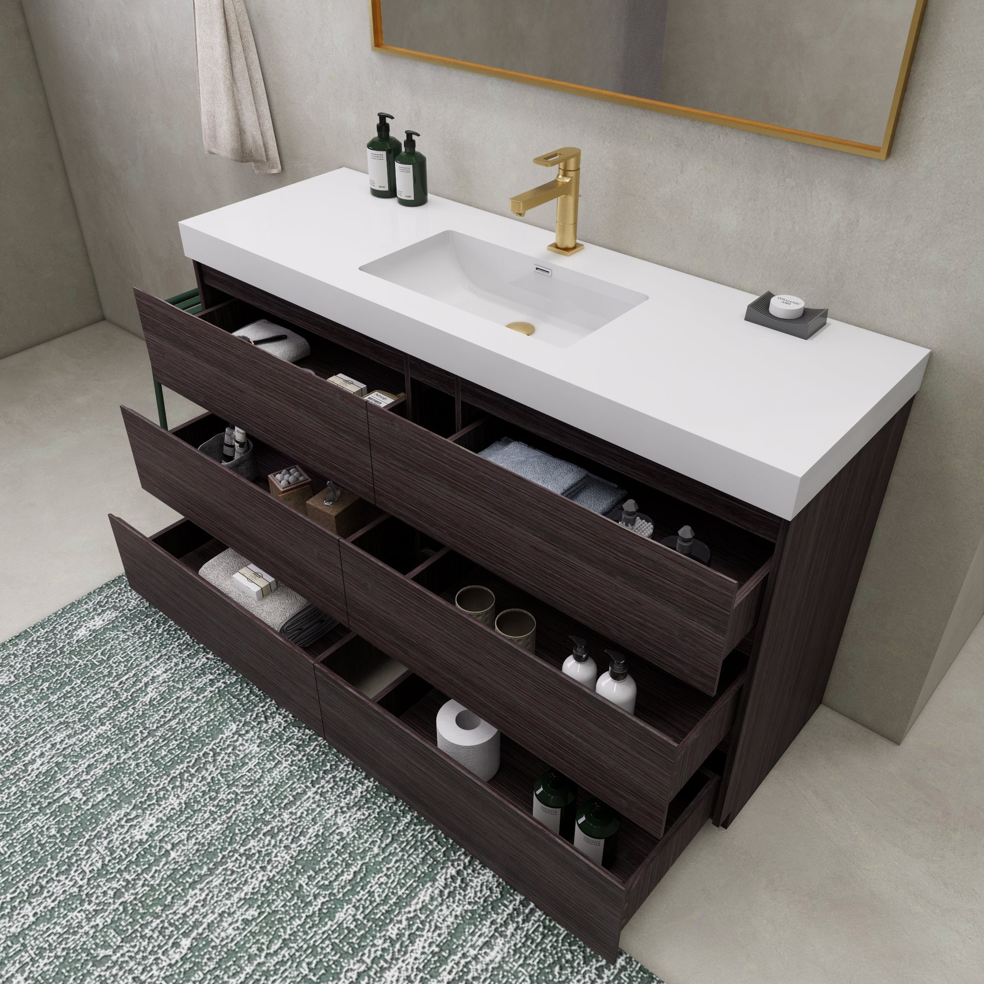 EA2- 60'' SINGLE Sink England Oak Modern Bathroom Vanity W/6 Drawers and Acrylic Sink