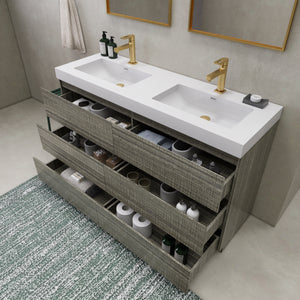 EA2- 60'' Double Sink Ash Grey Modern Bathroom Vanity W/6 Drawers and Acrylic Sink