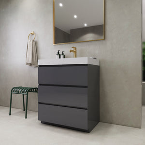 EA2- 30'' Concrete Grey Modern Bathroom Vanity W/3 Drawers and Acrylic Sink