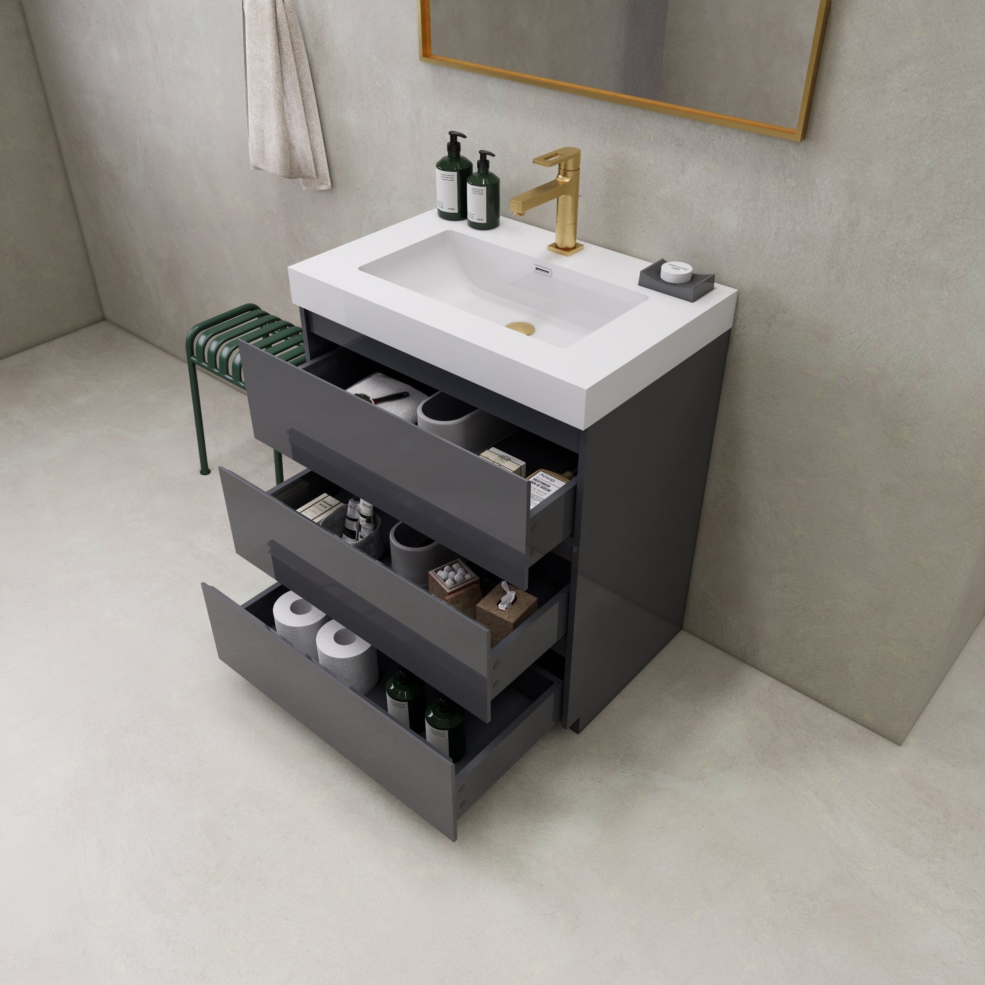 Modern Bathroom Vanity Cabinet With Acrylic Sink, 3 Drawers & 2 Doors