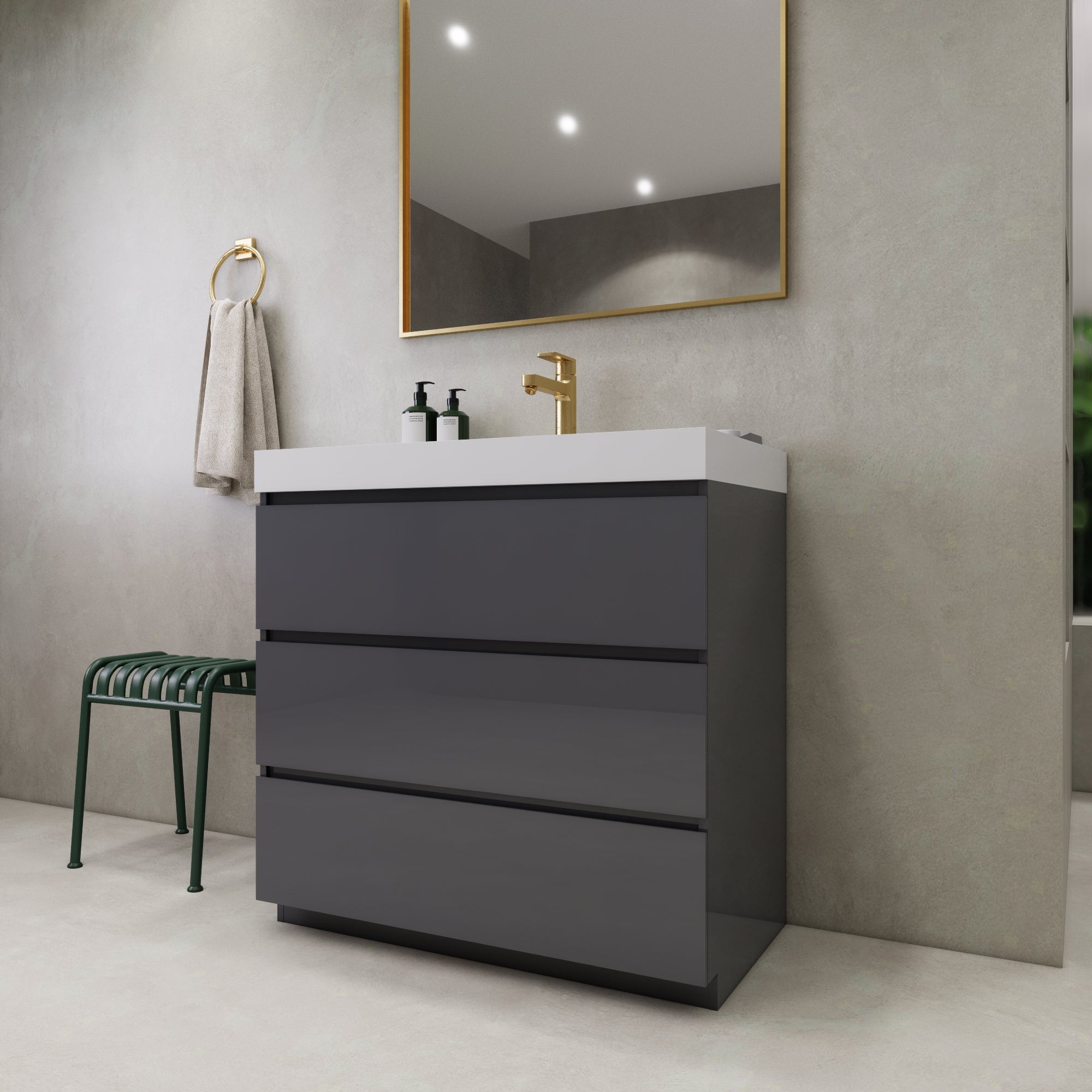 EA2- 36'' Ash Grey Modern Bathroom Vanity W/3 Drawers and Acrylic Sink