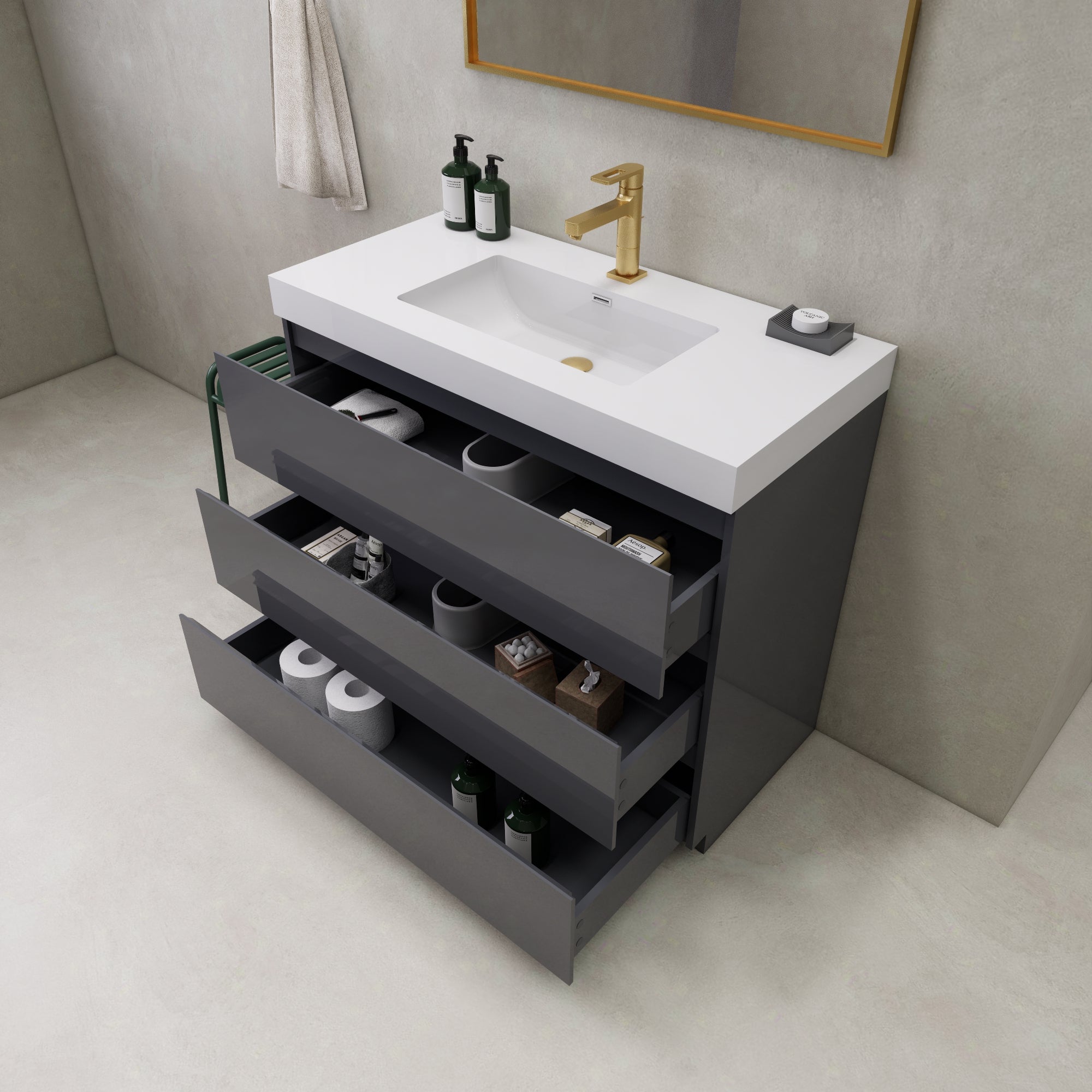 EA2- 42'' Dark Grey Oak Modern Bathroom Vanity W/3 Drawers and Acrylic Sink