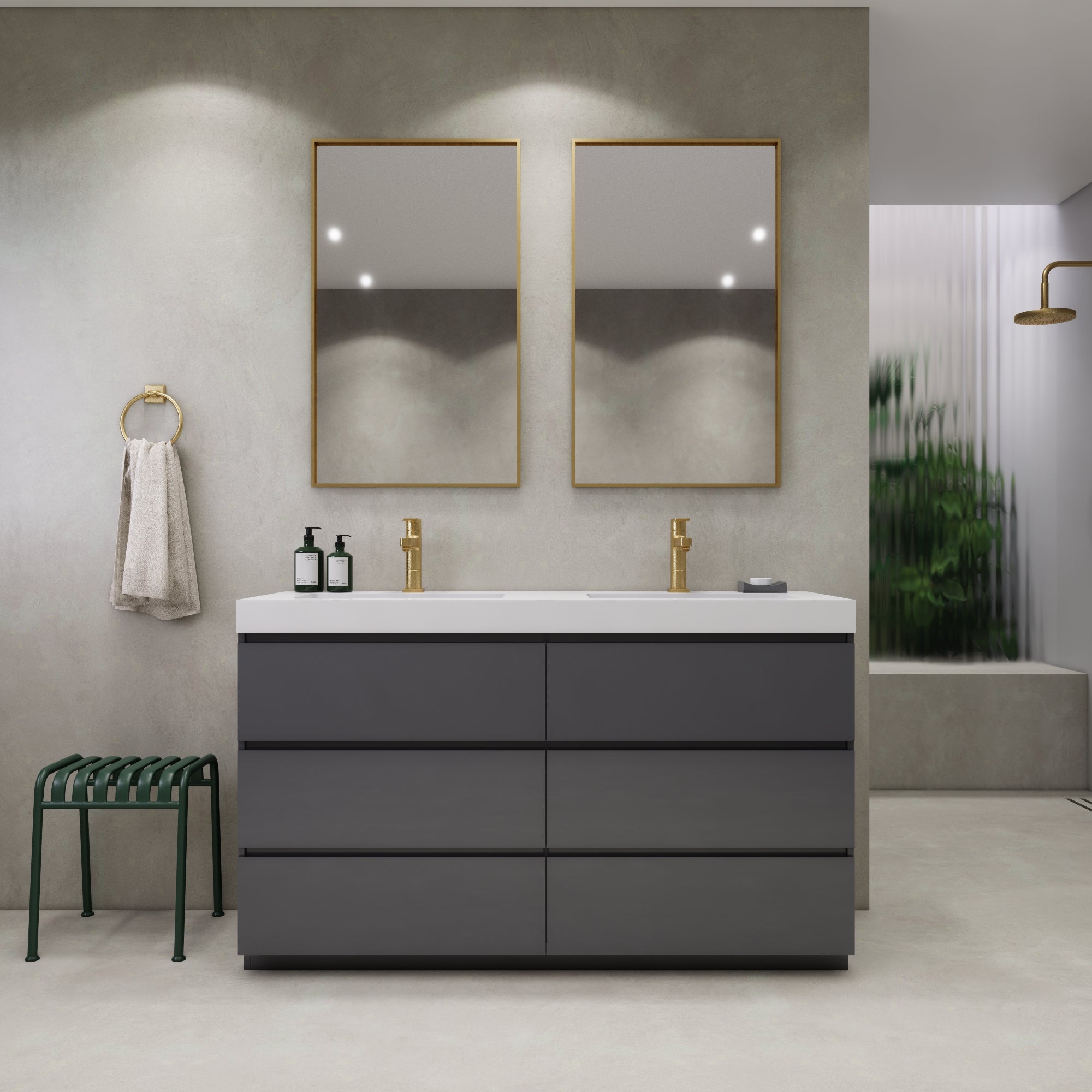 EA2- 60'' Double Sink Ash Grey Modern Bathroom Vanity W/6 Drawers and Acrylic Sink