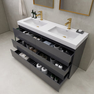 EA2- 60'' Double Sink Ash Grey Modern Bathroom Vanity W/6 Drawers and Acrylic Sink