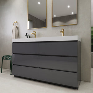 EA2- 60'' Double Sink Ash Grey Modern Bathroom Vanity W/6 Drawers and Acrylic Sink