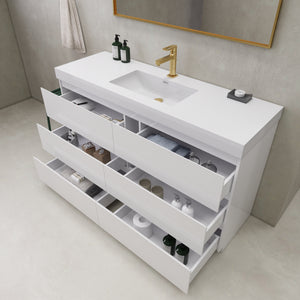 EA2- 60'' SINGLE Sink England Oak Modern Bathroom Vanity W/6 Drawers and Acrylic Sink