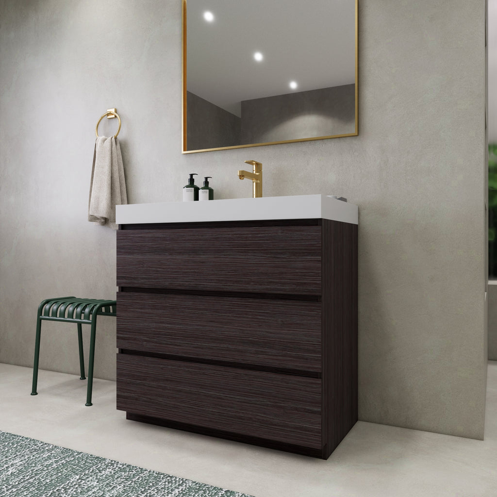 EA2- 36'' Ash Grey Modern Bathroom Vanity W/3 Drawers and Acrylic Sink